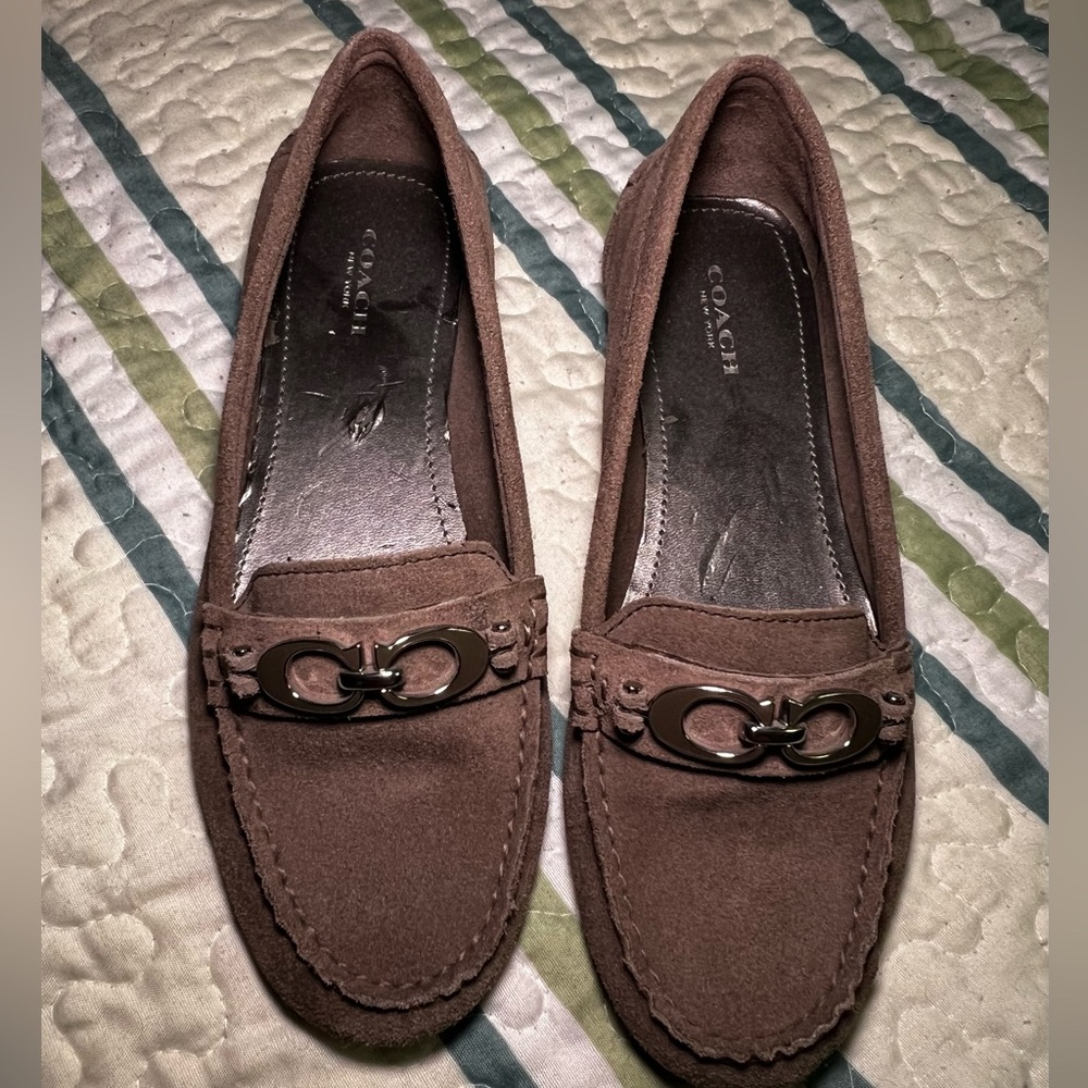 Coach Brown/Mauve Suede Loafers with Icon “C” Silver Buckle